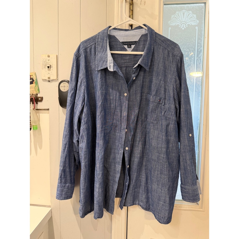 Tommy Hilfiger Womens 3X Blue Chambray Button Down Roll Tab Sleeve Shirt